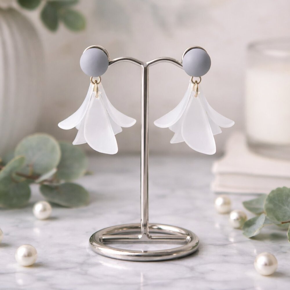 White Petal Flower Dangle Earrings Gold Plated Convertible Gray Studs Minimalist